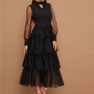 Luxe black sheer beaded mesh sleeve layered ruffle hem dress